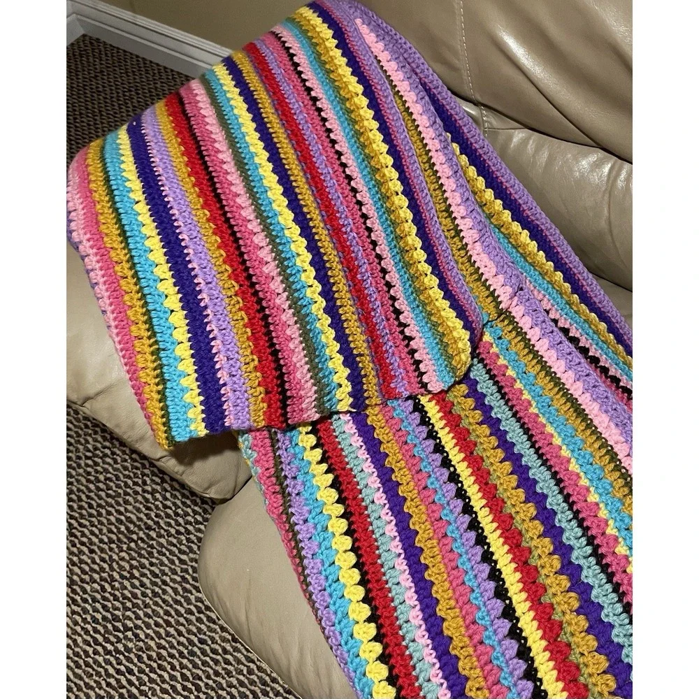 Handmade Rainbow Striped Afghan Crochet Blanket Throw Boho Grannycore 64